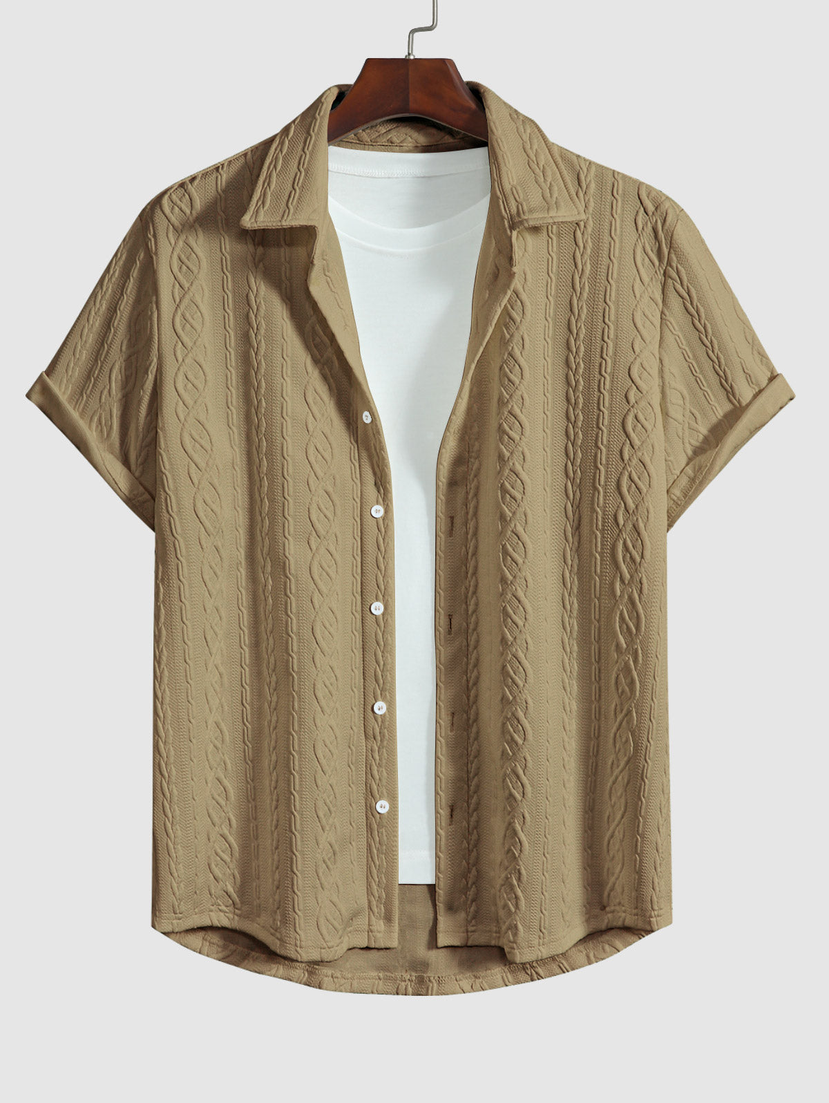 Men's Solid Color Cable Knit Jacquard Textured Button Up Short Sleeves Shirt And Drawstring Shorts Set