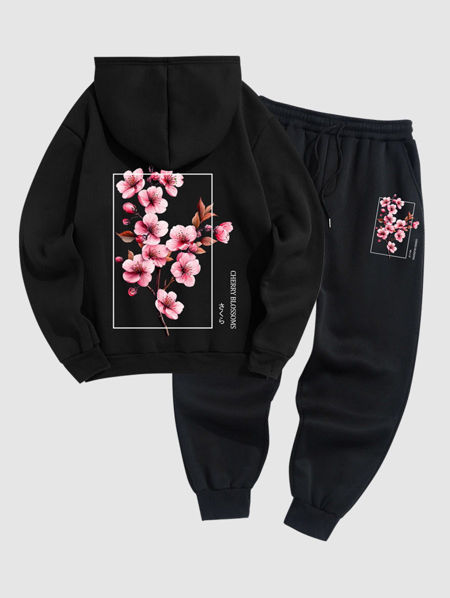 Men's Japanese Letter Cherry Blossoms Graphic Pattern Fuzzy Fleece-lined Kangaroo Pocket Design Pullover Hoodie Set