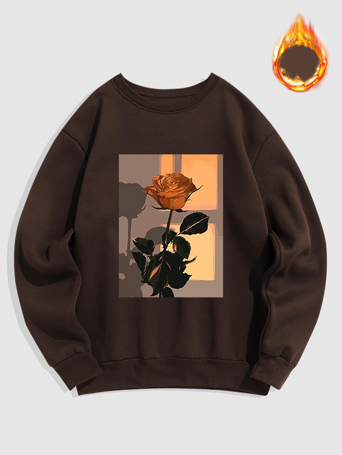 Men's Floral Rose Graphic Printed Fuzzy Fleece-lined Crew Neck Pullover Sweatshirt Set Kosyway