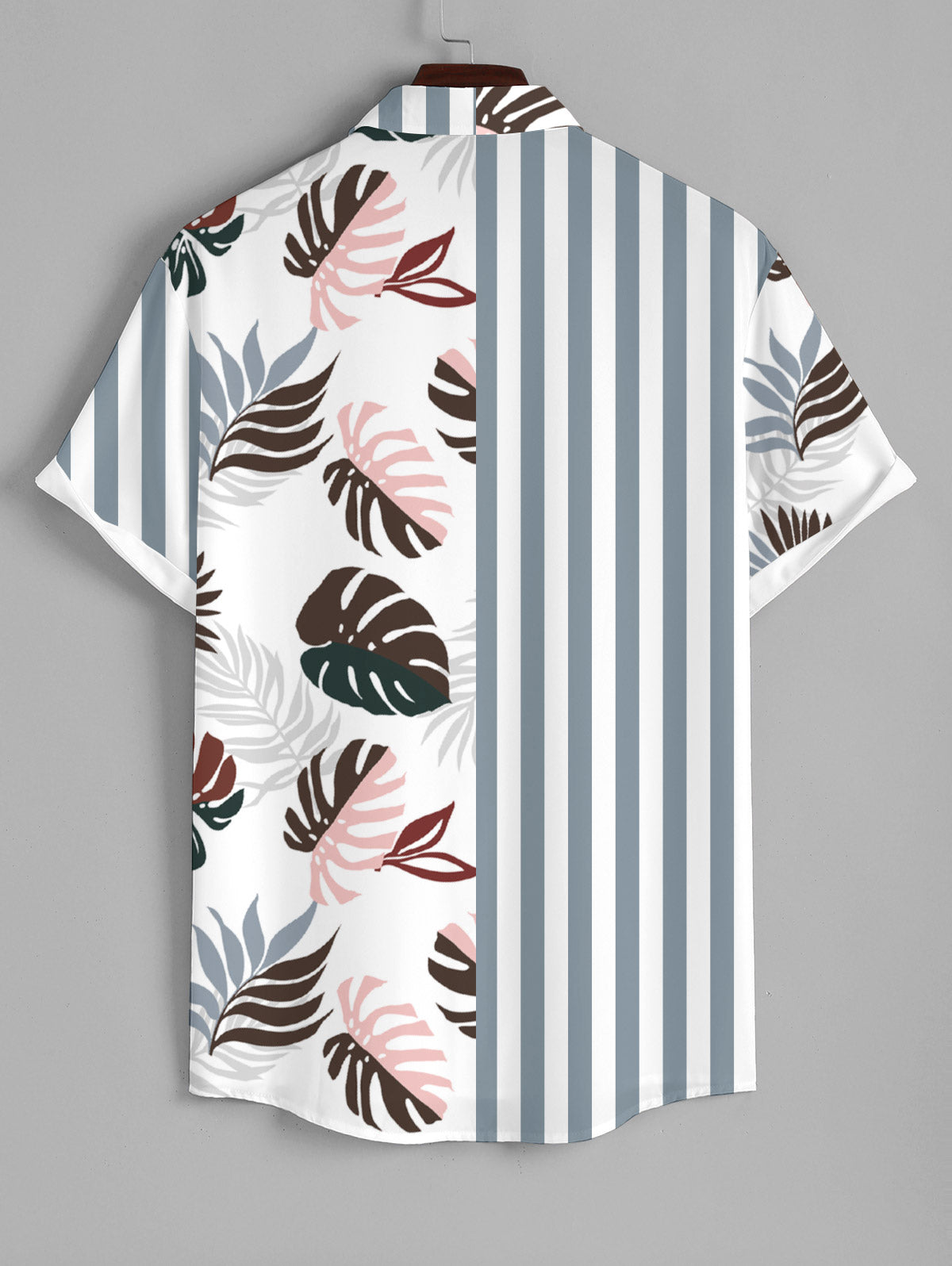 Men's Leaf Striped Half And Half Printed Button Up Casual Vacation Short Sleeves Shirt