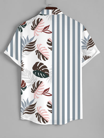 Men's Leaf Striped Half And Half Printed Button Up Casual Vacation Short Sleeves Shirt