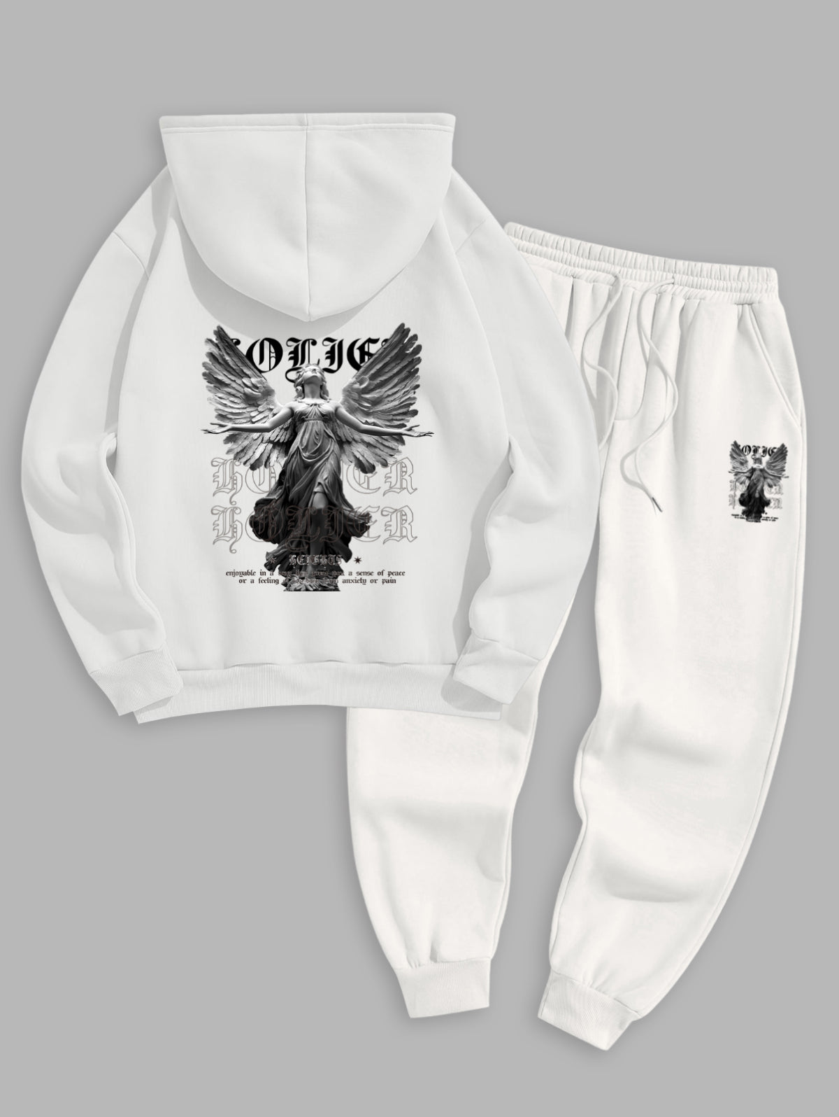 Men's Letter Figure Statue With Wings Pattern Fuzzy Fleece-lined Kangaroo Pocket Design Pullover Hoodie Set