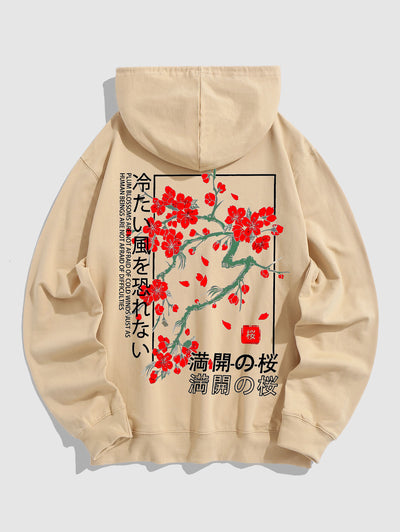 Men's Japanese Letter Plum Blossoms Pattern Kangaroo Pocket Pullover Hoodie