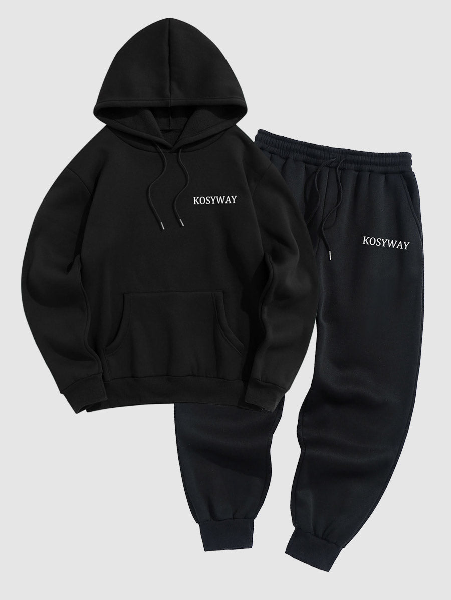 Men's Letter KOSYWAY Pattern Fuzzy Fleece-lined Kangaroo Pocket Design Pullover Hoodie And Drawstring Jogger Sweatpants Set