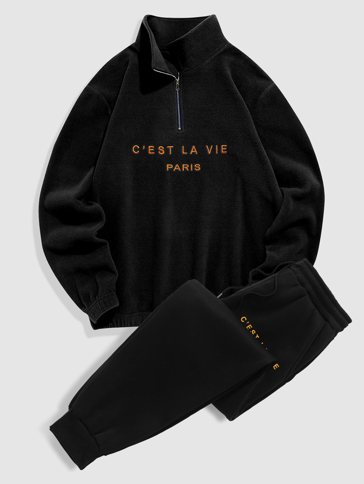 C' EST LA VIE Letter Embroidered Polar Fleece Sweatshirt And Sports Jogger Pants Set