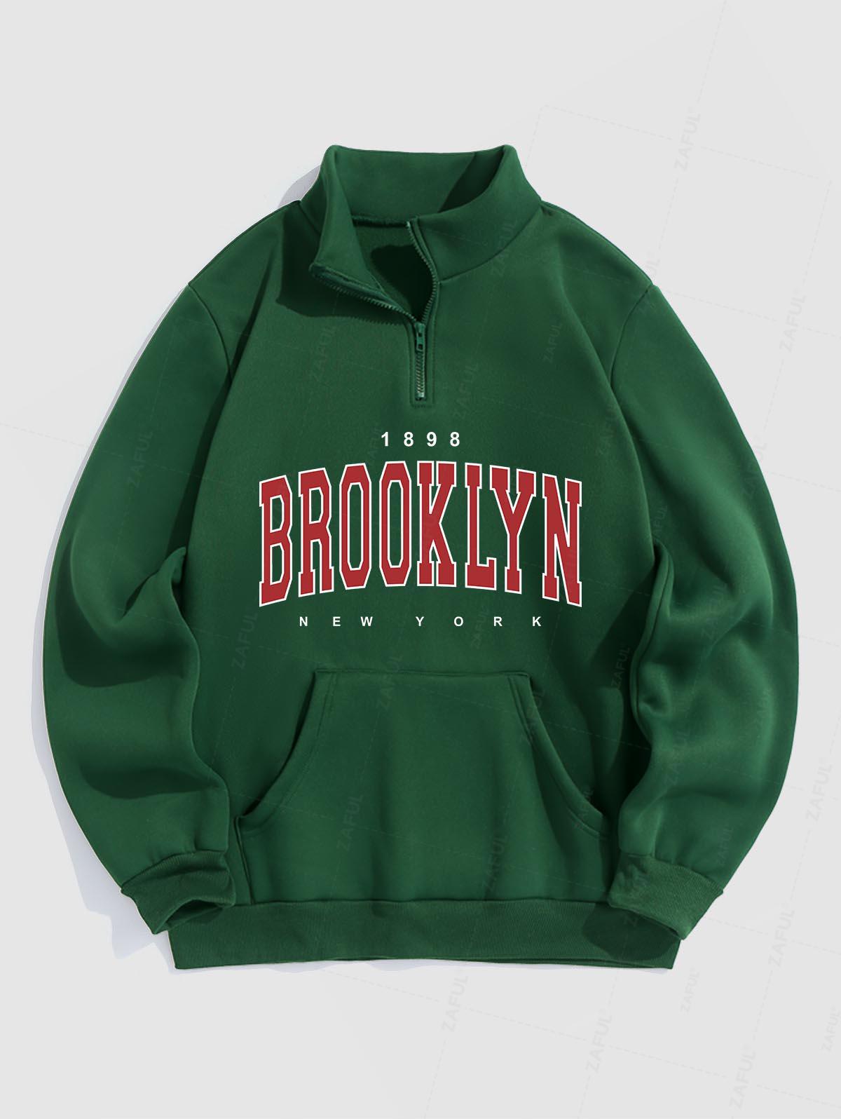 Letter BROOKLYN Graphic Quarter Zip Thermal Fleece Lined Sweatshirt