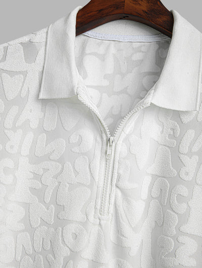 Men's Casual Letter Textured Quarter Zip Polo Collar Short Sleeves T-shirt And Patch Desigh Drawstring Shorts Set