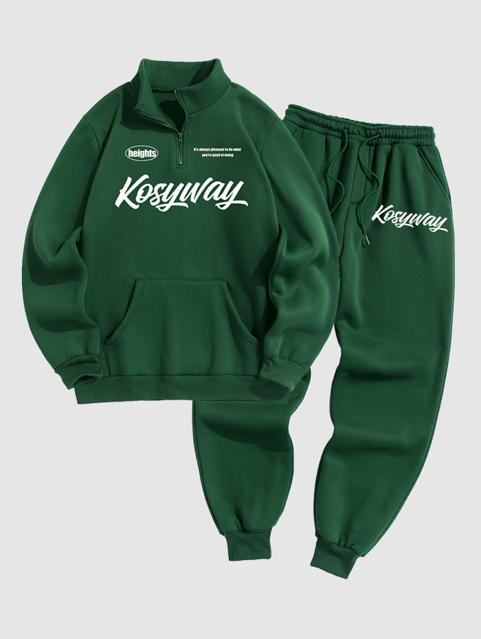 Men's Casual Kosyway Letter Printed Fuzzy Fleece-lined Half Zip Stand Collar Kangaroo Pocket Design Pullover Sweatshirt Set Kosyway