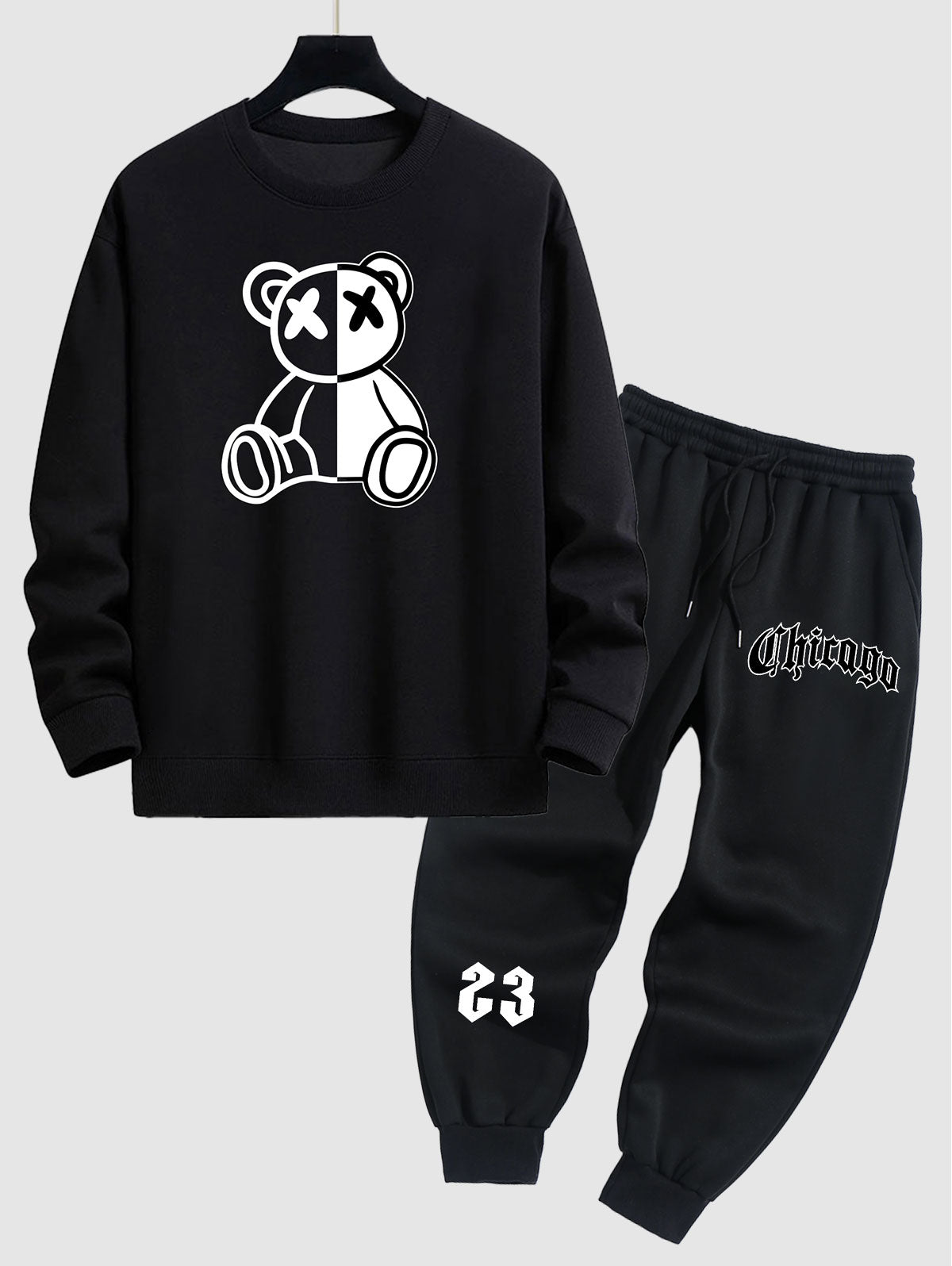 Men's Two Tone Bear Graphic Printed Crew Neck Pullover Sweatshirt Set