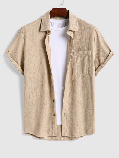 Men's Casual Bark Wrinkle Textured Front Pocket Button Up Short Sleeves Shirt And Drawstring Shorts Set