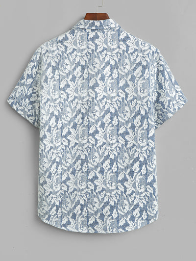 Men's Casual Lace Floral Pocket Design Button Up Short Sleeves Shirt