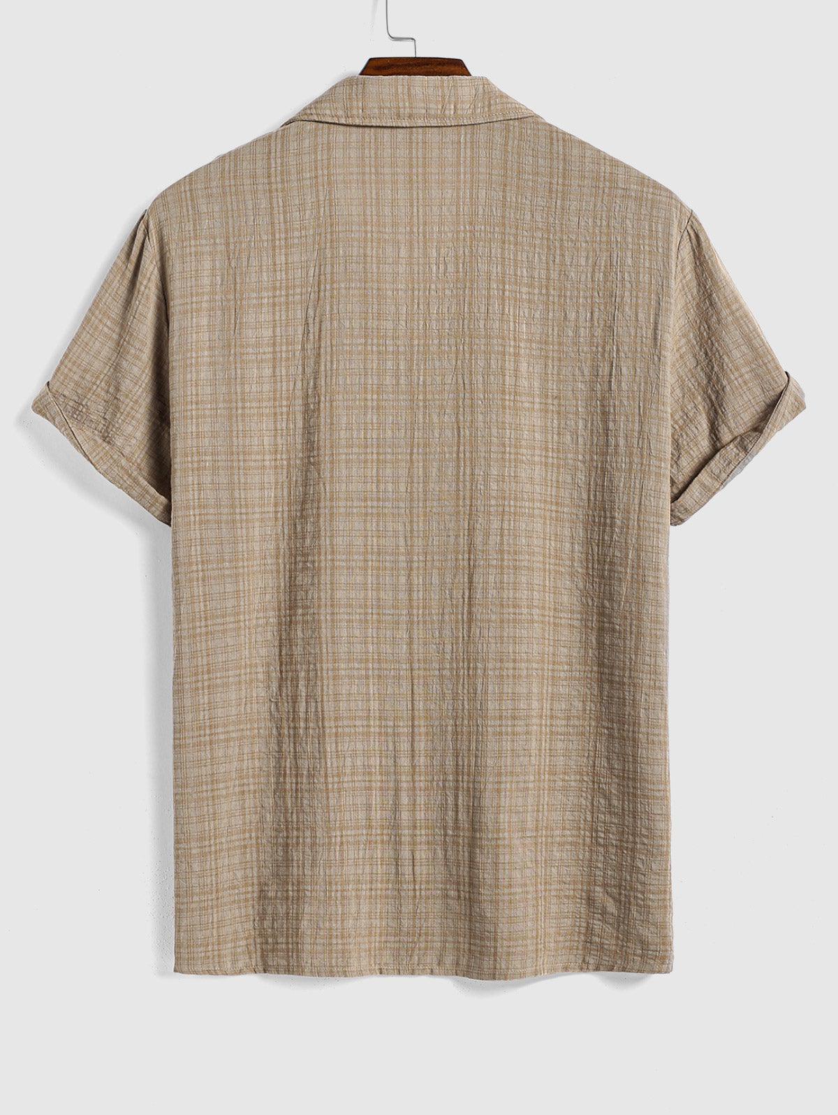 Men's Cotton And Linen Textured Grid Camp Collar Button Up Short Sleeves Shirt