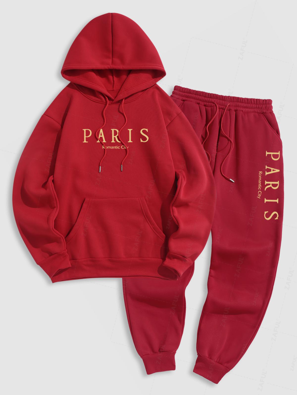 Men's Casual Letter PARIS Romantic City Pattern Fuzzy Fleece-lined Kangaroo Pocket Design Pullover Hoodie And Drawstring Jogger Sweatpants Set