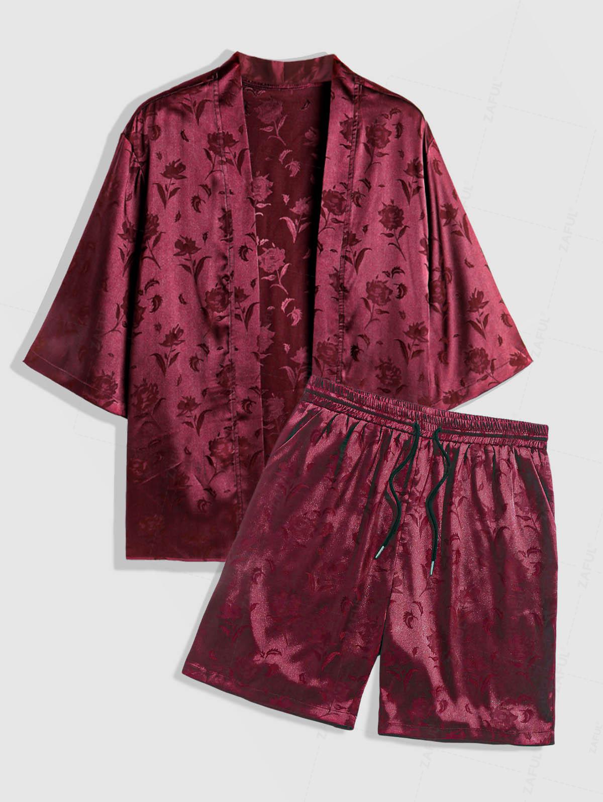 Men's Two Piece Outfits Silky Satin Rose Printed Open Front Kimono Shirt And Casual Shorts Set