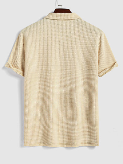 Men's Casual Jacquard Textured Polo Collar Half Buttoned Short Sleeves T-shirt