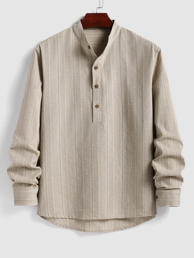 Cotton And Linen Striped Textured Half Button Design Stand Collar Pullover Long Sleeves Shirt Set