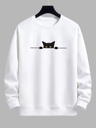 Men's Black Cat Graphic Printed Crew Neck Pullover Sweatshirt Set