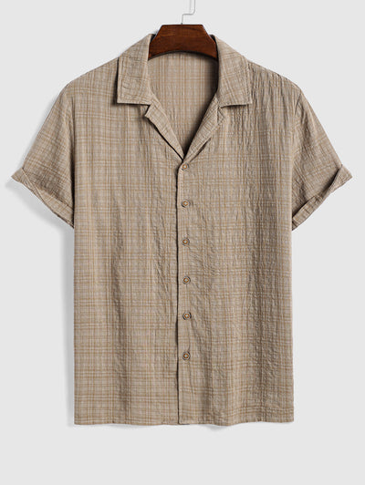 Men's Cotton And Linen Textured Grid Camp Collar Button Up Short Sleeves Shirt And Drawstring Casual Shorts Set