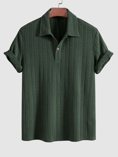 Men's Jacquard Textured Polo Collar Half Buttoned Short Sleeves T-shirt And Drawstring Casual Shorts Set