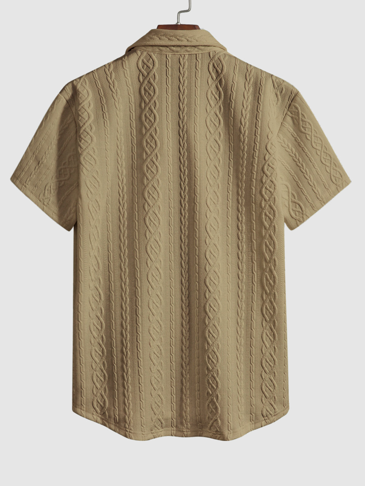 Men's Solid Color Cable Knit Jacquard Textured Button Up Short Sleeves Shirt