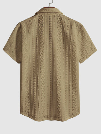 Men's Solid Color Cable Knit Jacquard Textured Button Up Short Sleeves Shirt