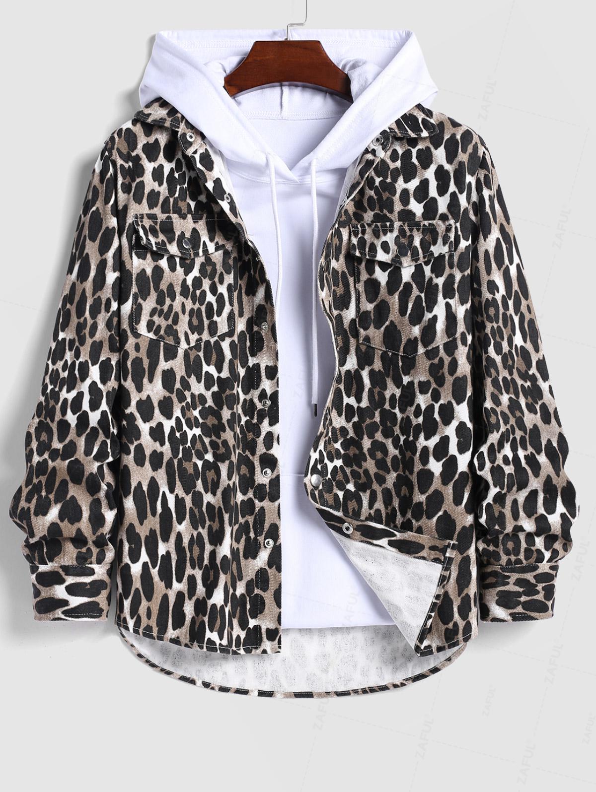 Men's Leopard Pattern Front Pocket Single-breasted Long Sleeves Demin Shacket Kosyway