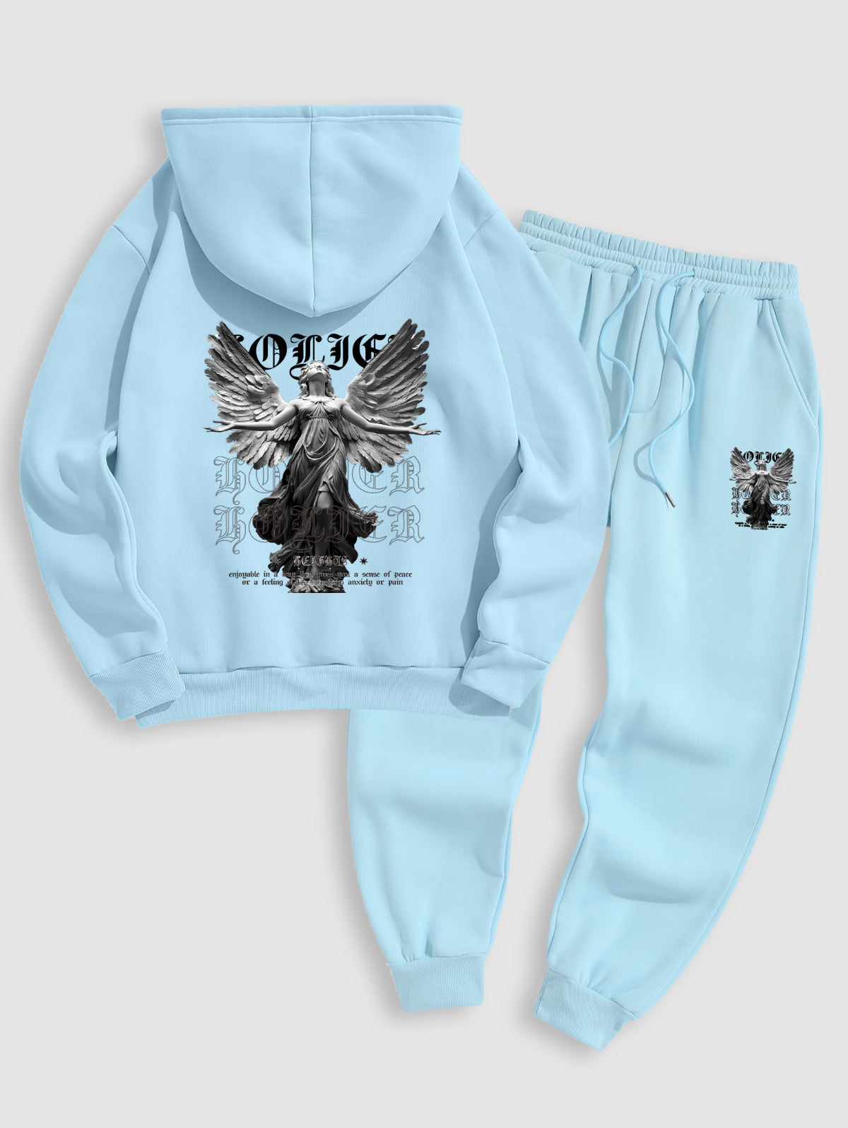 Men's Letter Figure Statue With Wings Pattern Fuzzy Fleece-lined Kangaroo Pocket Design Pullover Hoodie And Drawstring Jogger Sweatpants Set