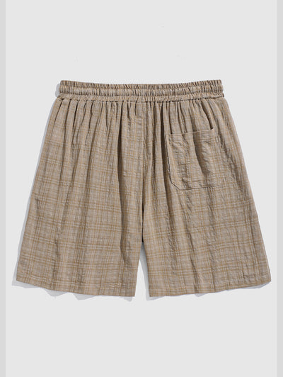 Men's Cotton And Linen Textured Grid Pockets Drawstring Casual Shorts