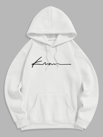 Men's Minimalist Style Letter Pattern Fuzzy Fleece-lined Kangaroo Pocket Design Pullover Hoodie Set