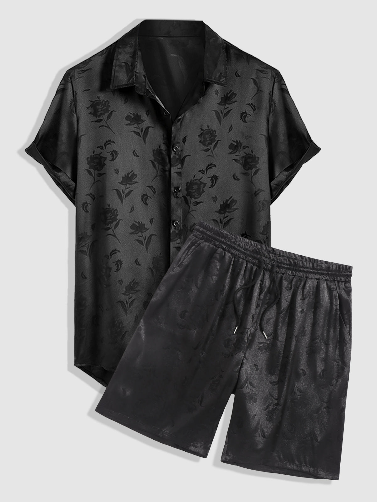 Men's Jacquard Silky Satin Floral Print Rose Pattern Button Front Short Sleeve Shirt And Shorts Set Kosyway