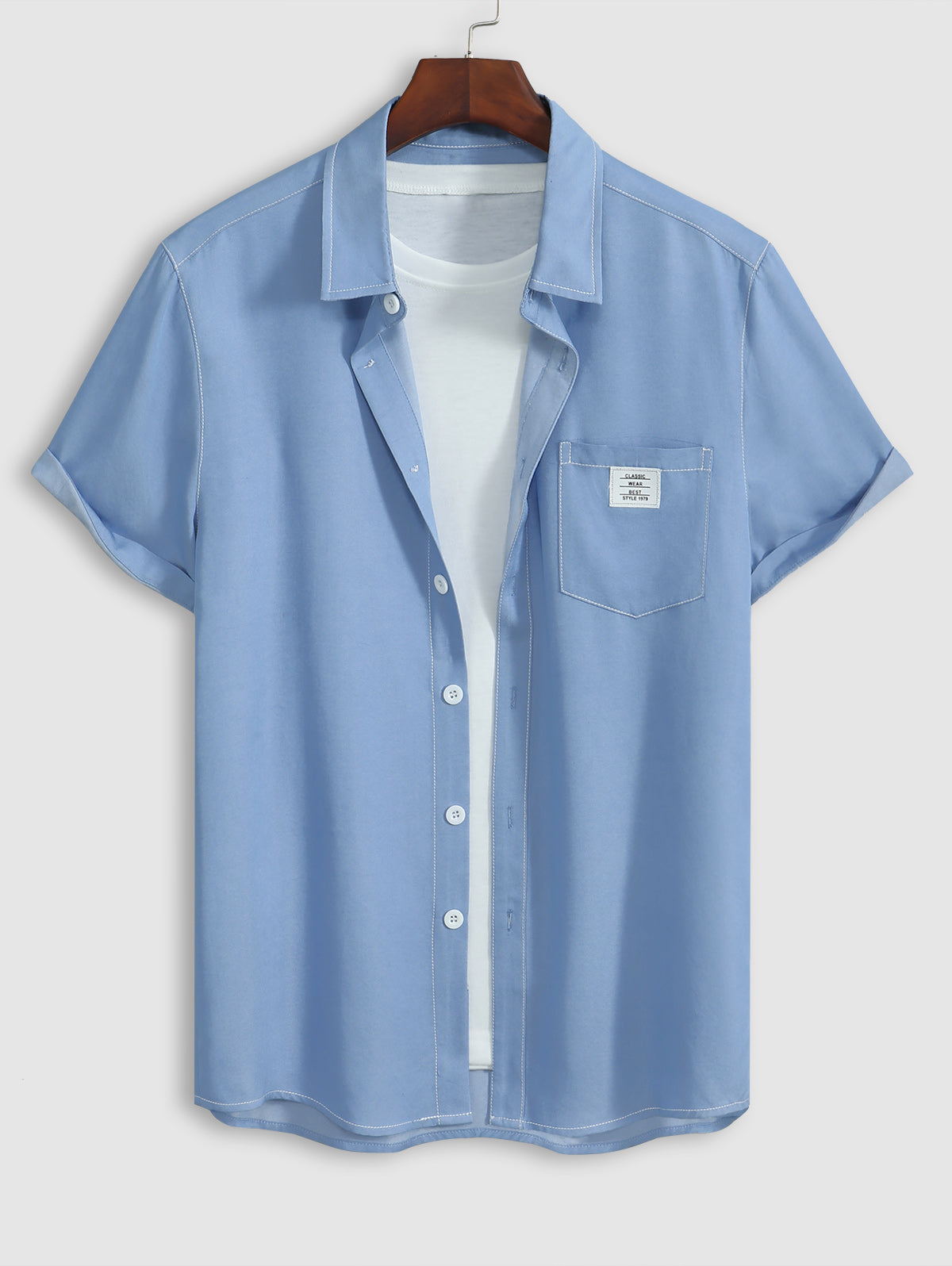 Men's Casual Letter Patch Design Pocket Button Up Short Sleeves Shirt And Drawstring Shorts Set