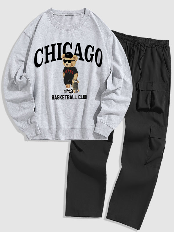 Men's Chicago Letter Bear Sunglasses Hat Graphic Printed Crew Neck Pullover Sweatshirt Cargo Pant Set