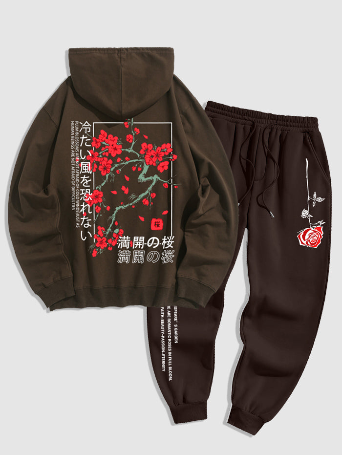 Men's Japanese Letter Plum Blossoms Pattern Kangaroo Pocket Pullover Hoodie And Rose Print Slogan Drawstring Thermal Fleece Lined Jogger Pants Set