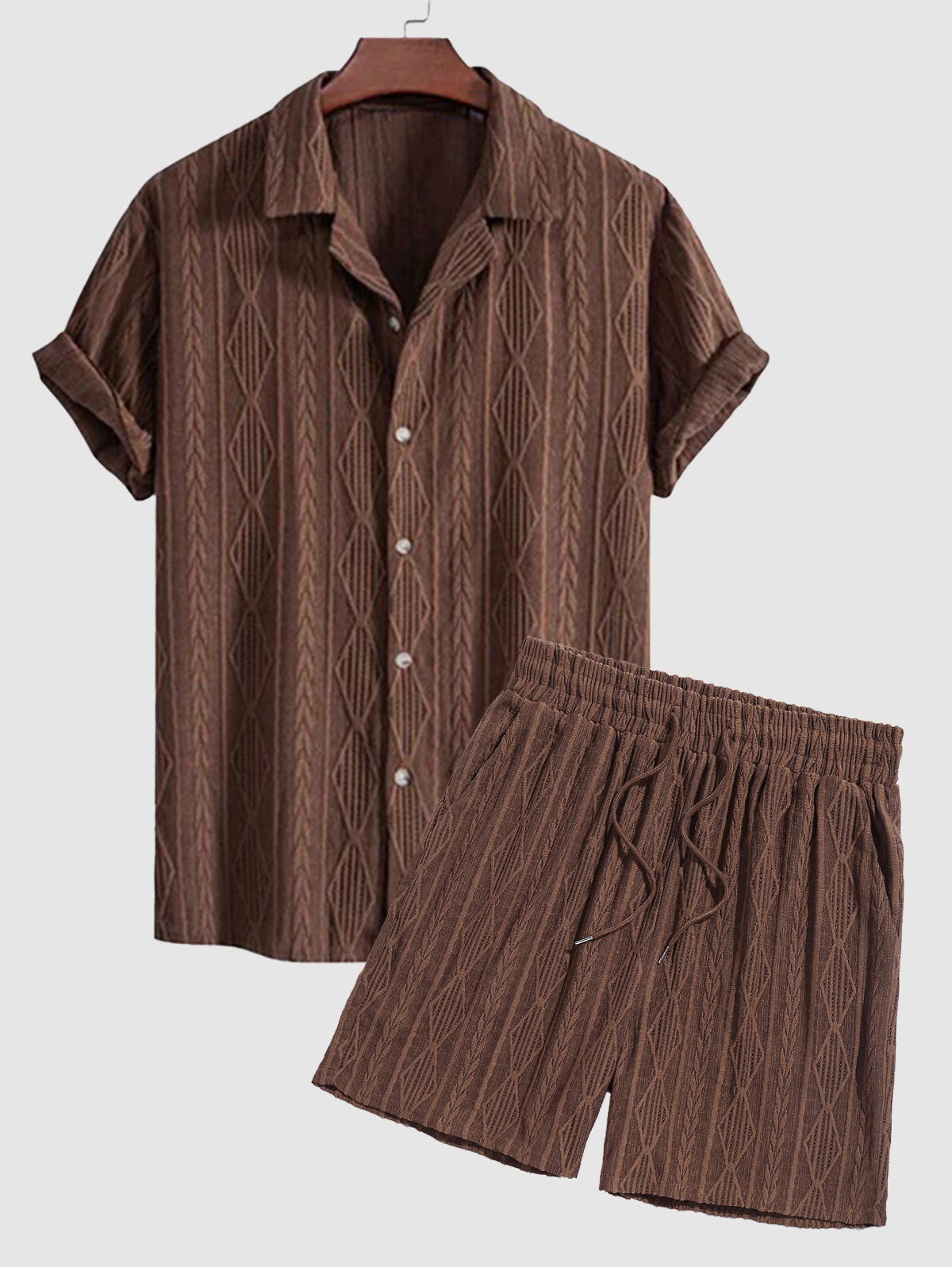 Men's Geometric Jacquard Openwork Camp Collar Button Up Short Sleeves Shirt And Casual Drawstring Shorts Set