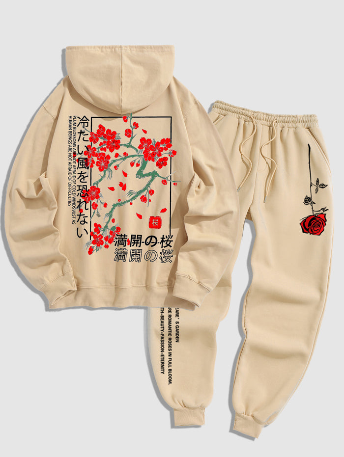 Men's Japanese Letter Plum Blossoms Pattern Kangaroo Pocket Pullover Hoodie And Rose Print Slogan Drawstring Thermal Fleece Lined Jogger Pants Set