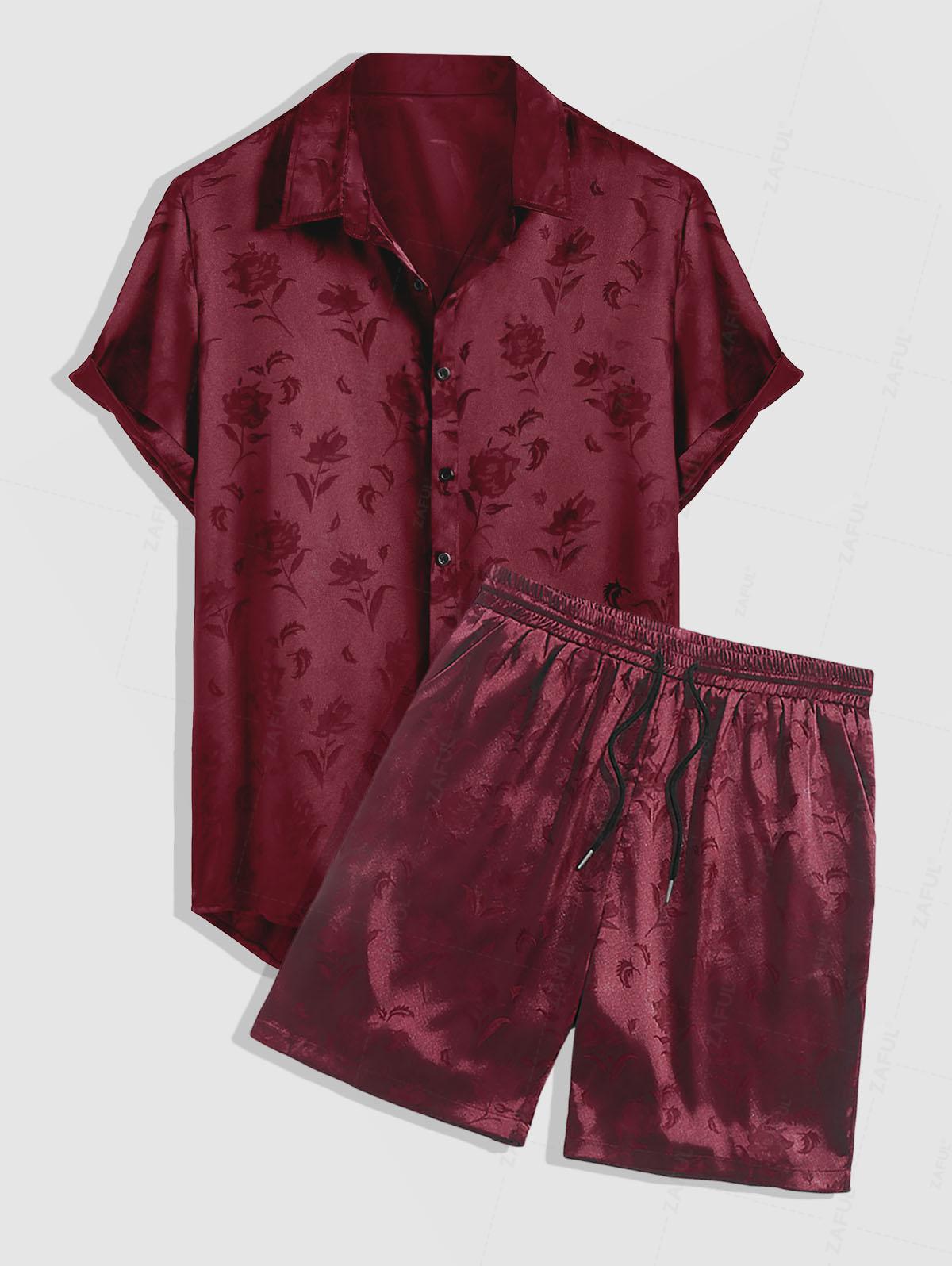 Men's Jacquard Silky Satin Floral Print Rose Pattern Button Front Short Sleeve Shirt And Shorts Set