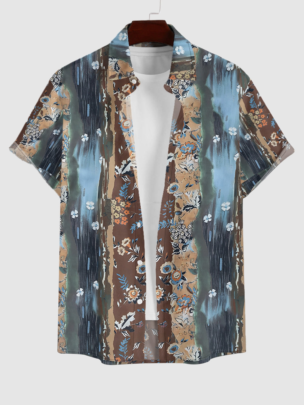 Men's Colorblock Brush Painting Tiny Floral Pattern Button Up Short Sleeves Shirt And Drawstring Shorts Set