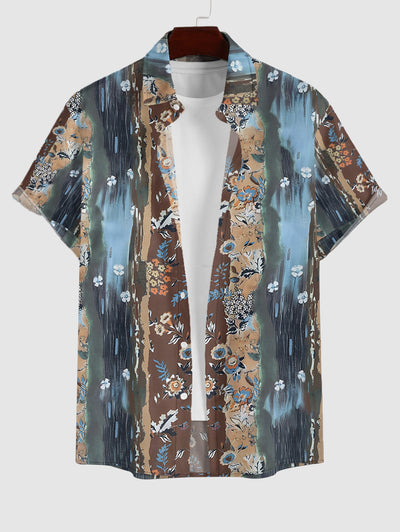 Men's Colorblock Brush Painting Tiny Floral Pattern Button Up Short Sleeves Shirt And Drawstring Shorts Set