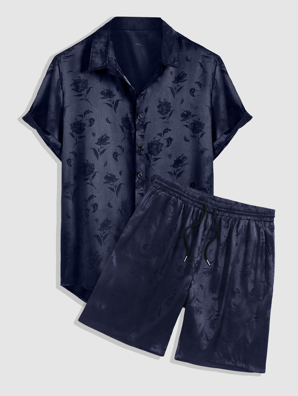 Men's Jacquard Silky Satin Floral Print Rose Pattern Button Front Short Sleeve Shirt And Shorts Set Kosyway