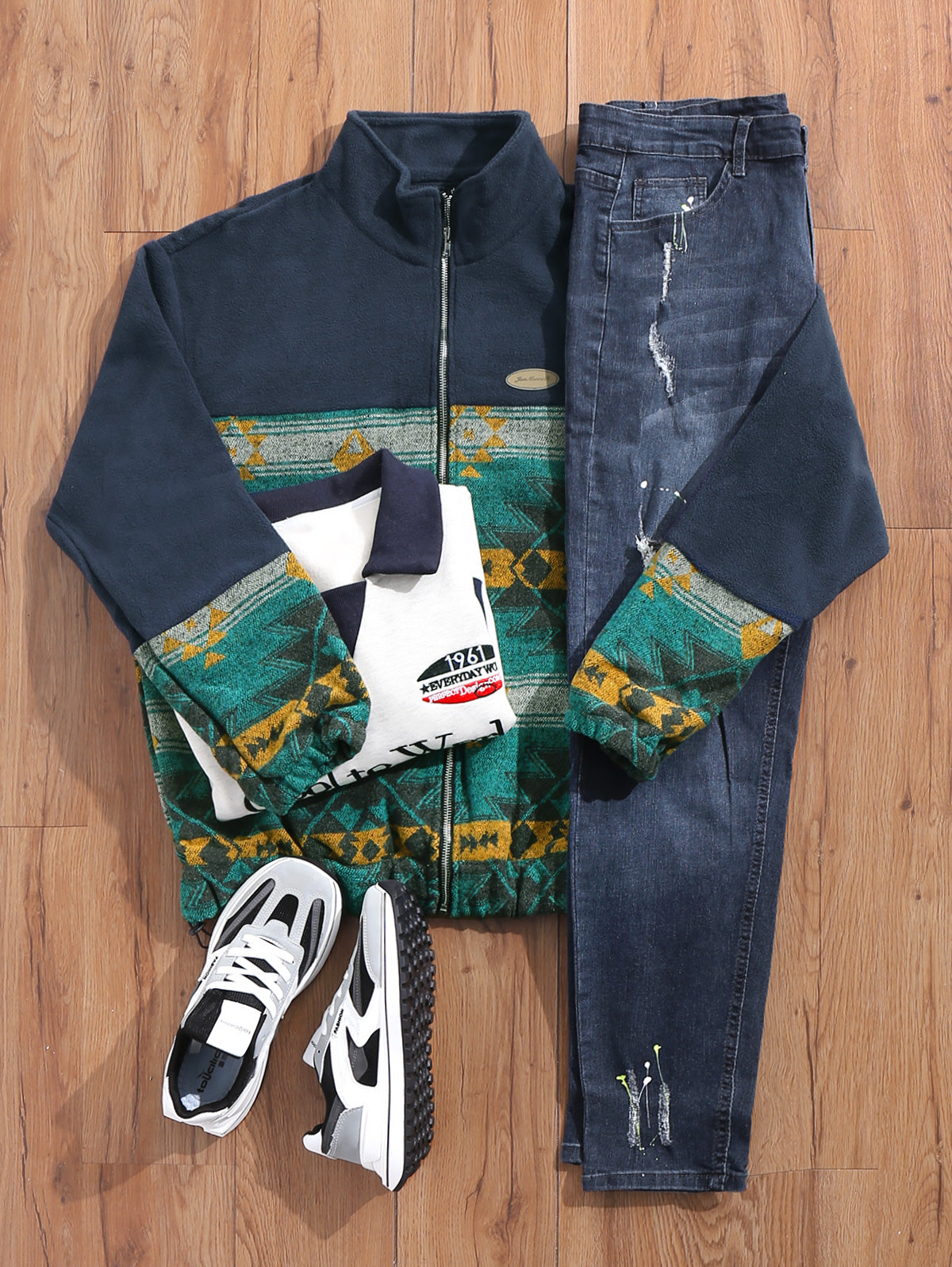 Men's Outfits Ethnic Aztec Printed Stand Collar Fuzzy Polar Fleece Jacket And Colorblock Letter Graphic Embroidered Fuzzy Fleece-lined Sweatshirt And Splatter Paint Destroyed Jeans Set