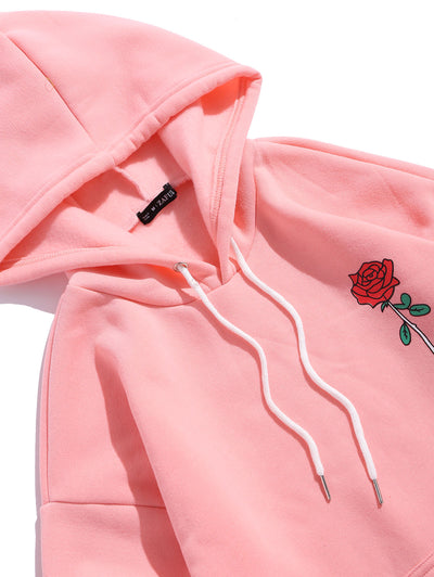 Rose Letter Fleece Kangaroo Pocket Pullover Hoodie