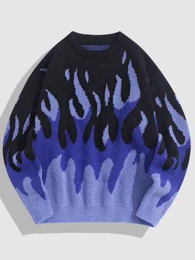 Mens Y2K Aesthetic Flame Pattern Casual Sweater Kosyway