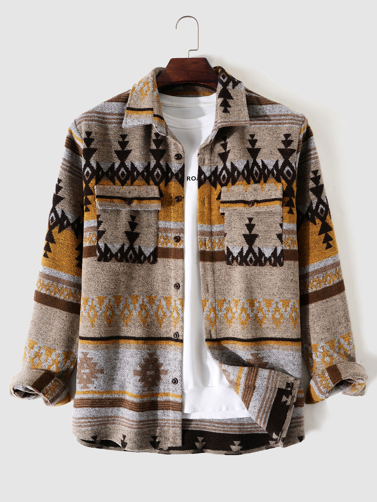 Mens Ethnic Aztec Printed Blend Wool Shirt Jacket Kosyway