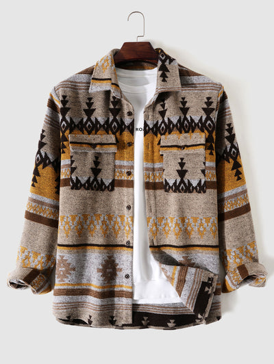 Mens Ethnic Aztec Printed Blend Wool Shirt Jacket