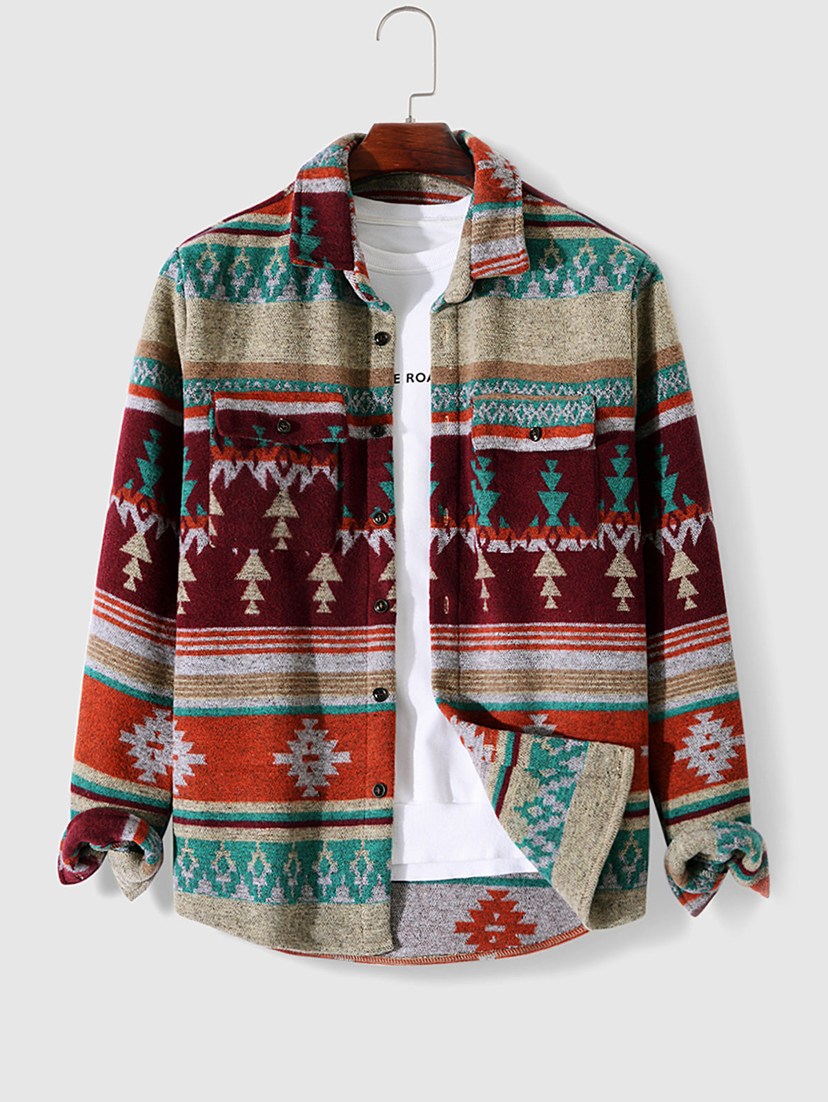 Mens Ethnic Aztec Printed Blend Wool Shirt Jacket Kosyway