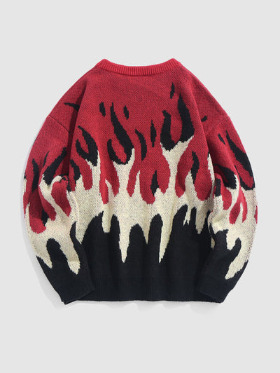 Mens Y2K Aesthetic Flame Pattern Casual Sweater