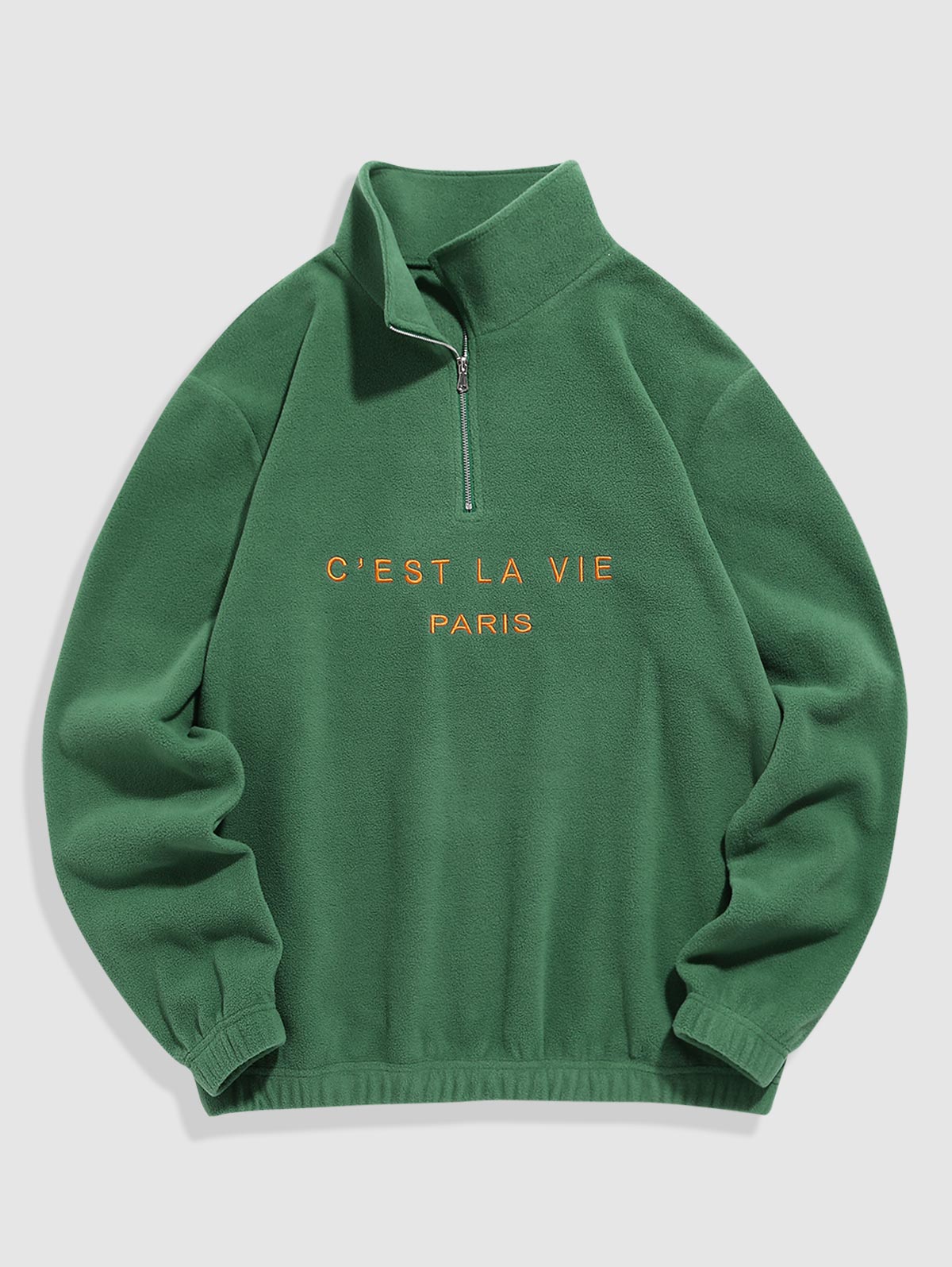 Mens C' EST LA VIE Letter Embroidered Quarter Zip Polar Fleece Sweatshirt