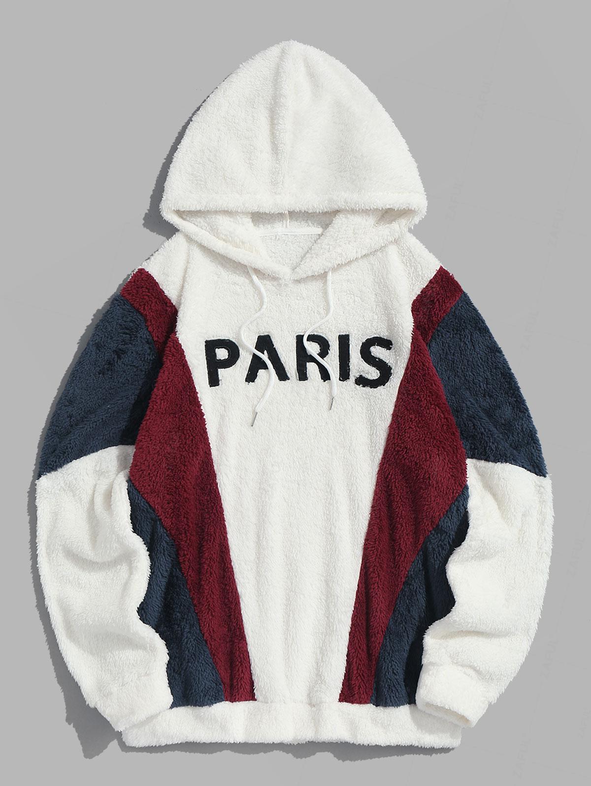 PARIS Embroidered Fuzzy Pullover Faux Fur Hoodie