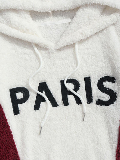 PARIS Embroidered Fuzzy Pullover Faux Fur Hoodie