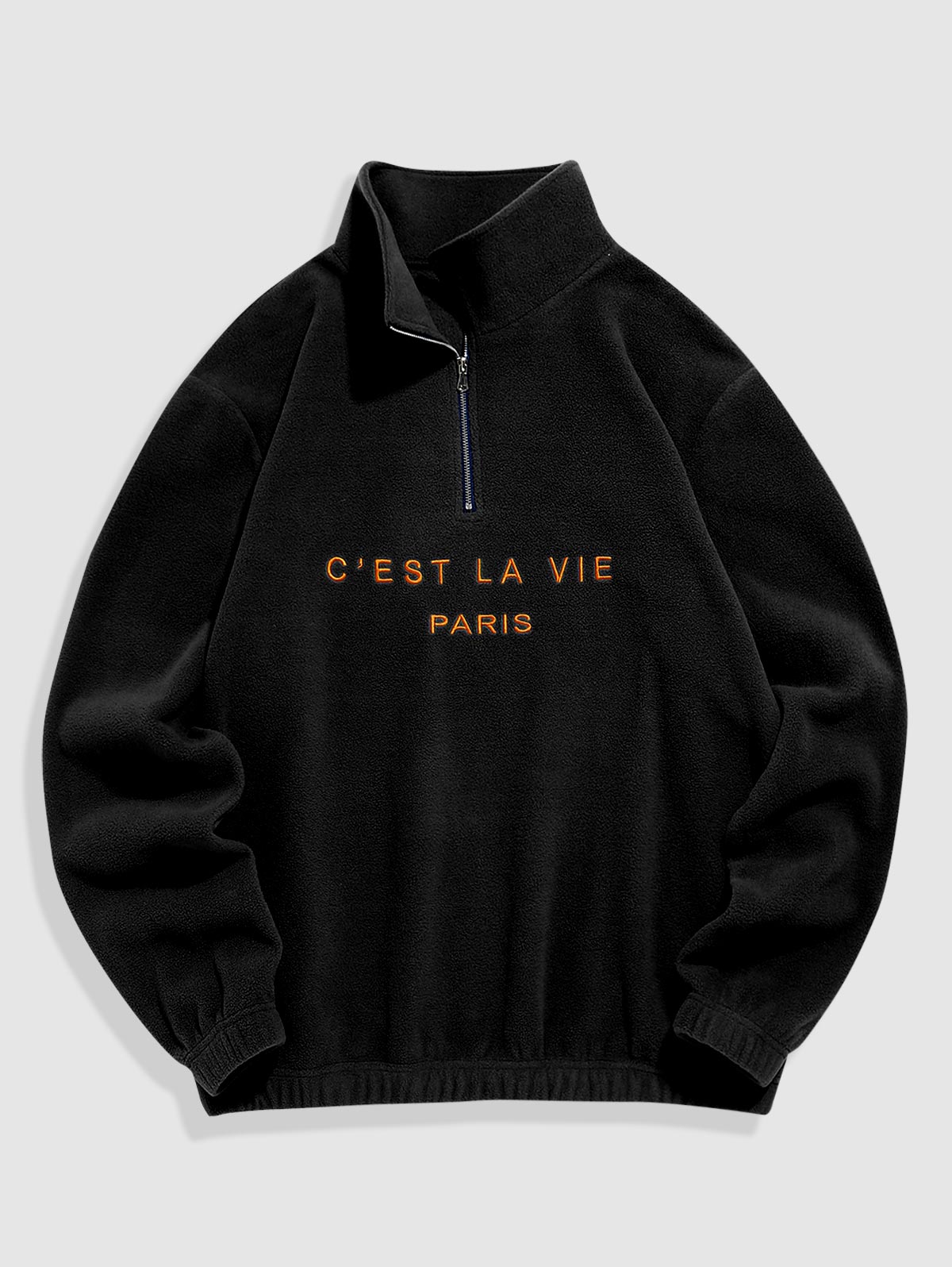 Mens C' EST LA VIE Letter Embroidered Quarter Zip Polar Fleece Sweatshirt